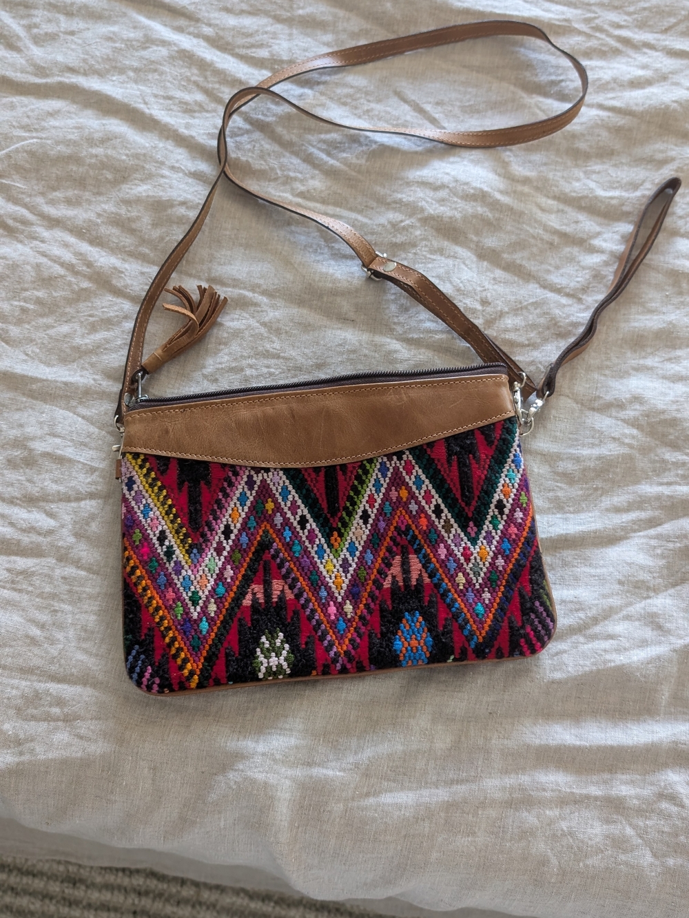 Huipil Boho Multicolor Woven Crossbody Bag with Tan Leather Trim